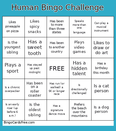 Human Challenge Bingo Card