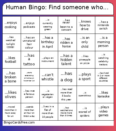 Human : Find Someone Who... Bingo Card