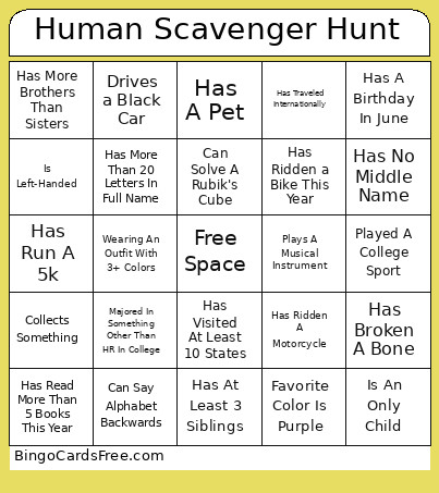 Human Scavenger Hunt Bingo Card