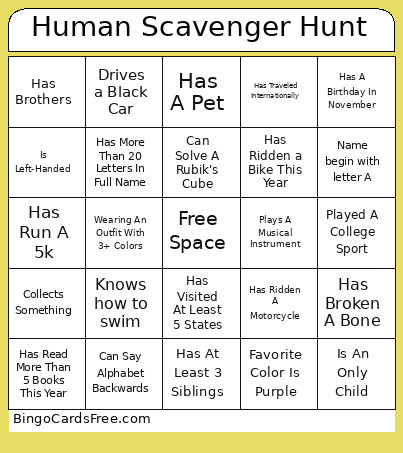 Human Scavenger Hunt Bingo Card