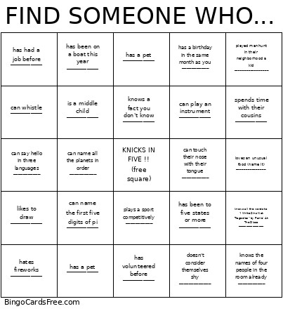 Human Scavenger Hunt Bingo Card