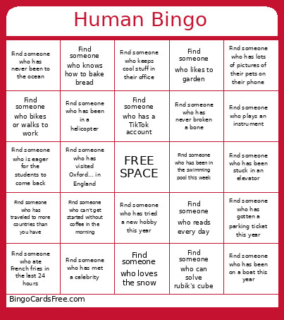 Human Scavenger Hunt Bingo Card