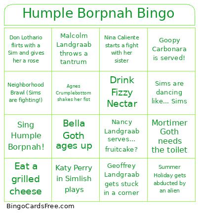 Humple Borpnah Sims Bingo Card