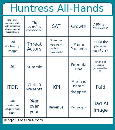 Huntress All-Hands Bingo Card