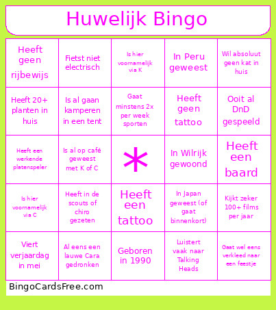 Huwelijk Bingo Card