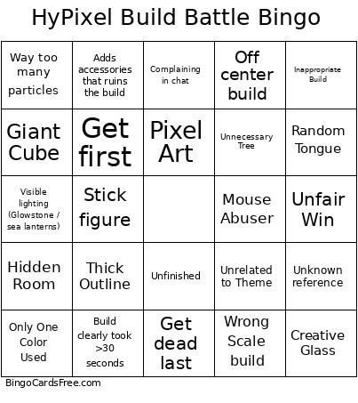HyPixel Build Battle Bingo Card