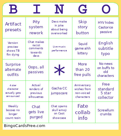 HYV 3.2 Stream Bingo Card