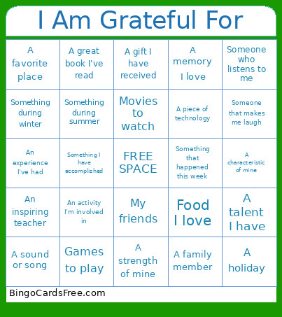 I Am Grateful For Bingo Card