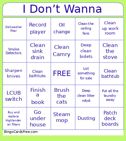 I Don’t Wanna Bingo Card