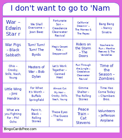 I Don't Want To Go To 'Nam Bingo Card