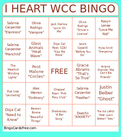I HEART WCC Bingo Card