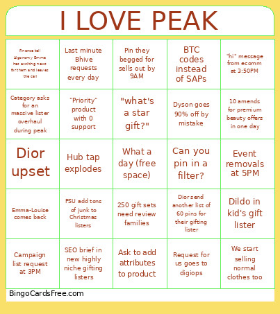 I LOVE PEAK Bingo Card