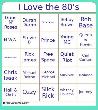 I Love The 80's Bingo Card