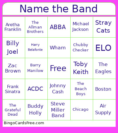 I'm With The Band Bingo Card