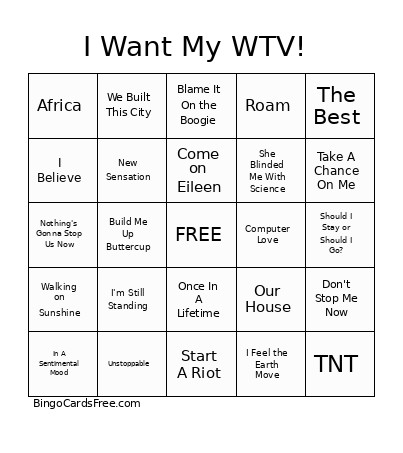 I Want My WTV! Singo Bingo Card