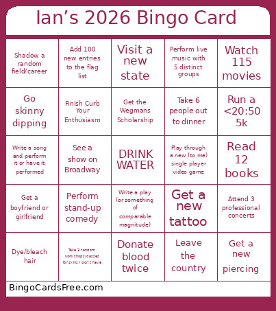 Ian’s 2026 Bingo Card