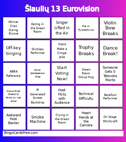 Šiaulių 13 Eurovision Bingo Card