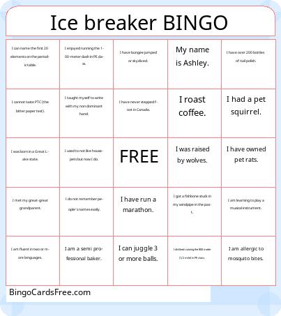 Ice breaker BINGO Cards Free Pdf Printable Game, Title: Ice breaker BINGO