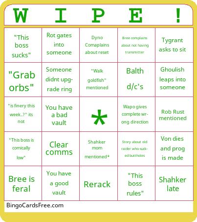 Ice Hut Raid Tuesdays Bingo Cards Free Pdf Printable Game, Title: WIPE!