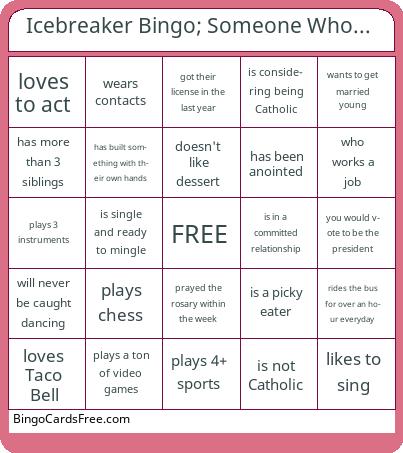 Icebreaker Bingo Cards Free Pdf Printable Game, Title: Icebreaker Bingo; Someone Who...