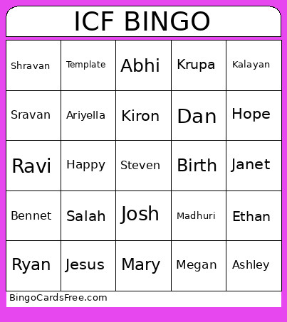 ICF Bingo Card
