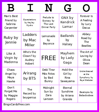 Iconic Albums Bingo Card