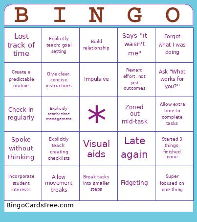 Identifying ADHD/ADD Traits Bingo Card