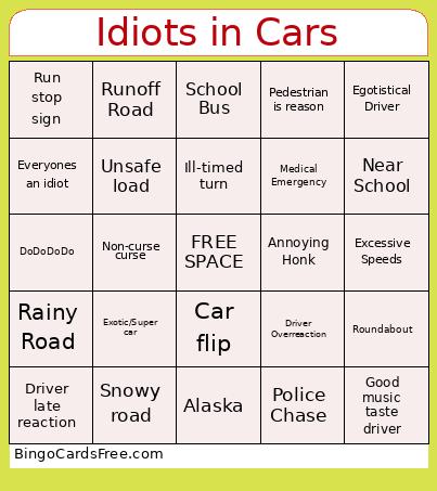 Idiots In Cars Bingo Card