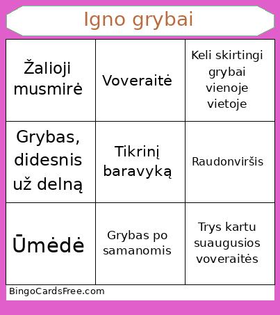 Igno grybai Bingo