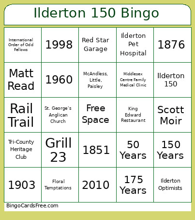 Ilderton 150 Bingo Card