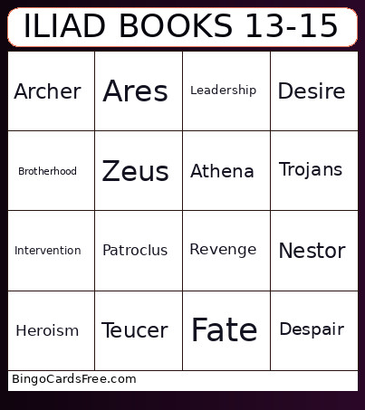 ILIAD BOOKS 13-15 Bingo Card