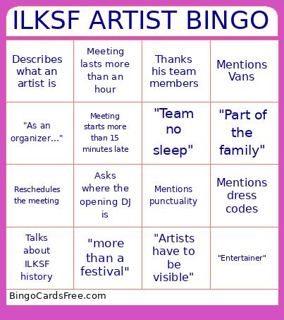ILKSF ARTIST Bingo Card
