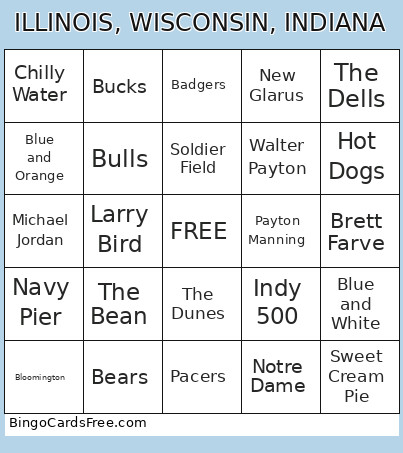 ILLINOIS, WISCONSIN, INDIANA Bingo Card