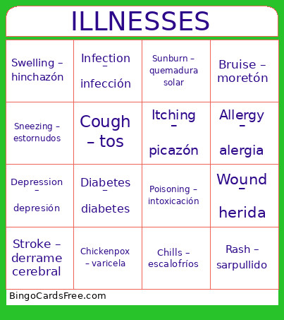 ILLNESSES Bingo Card