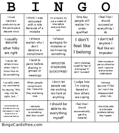 Imposter Syndrome Bingo