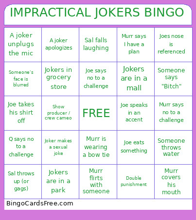 Impractical Joker's Bingo Card