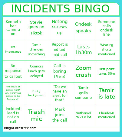 Incidents Bingo Card