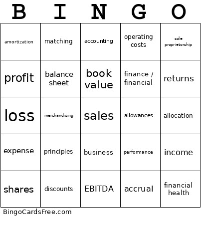 Income Statement Bingo Card