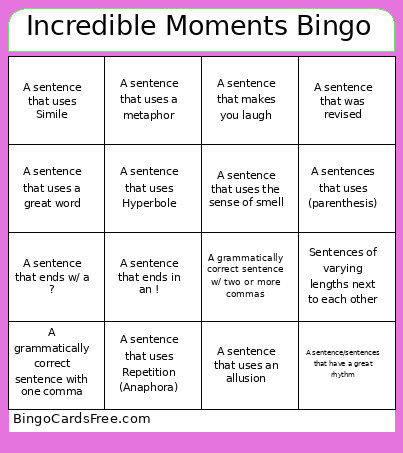 Incredible Moments Bingo Card