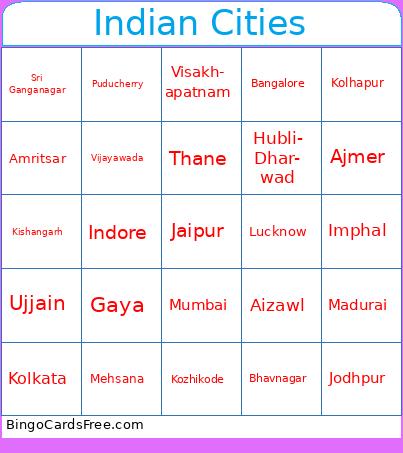 Indian Cities Bingo