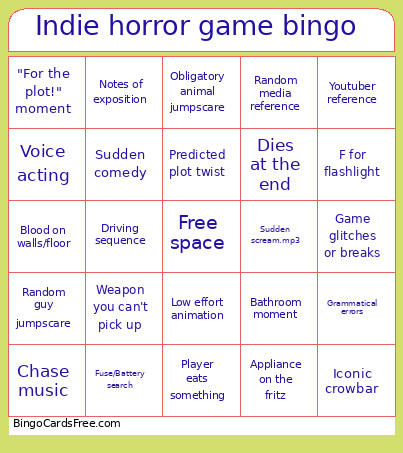 Indie Horror Game Bingo Card