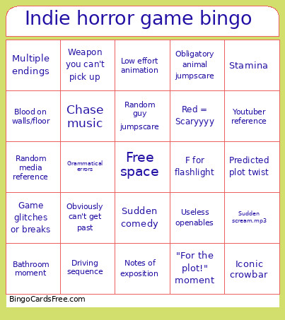 Indie Horror Game Bingo Card