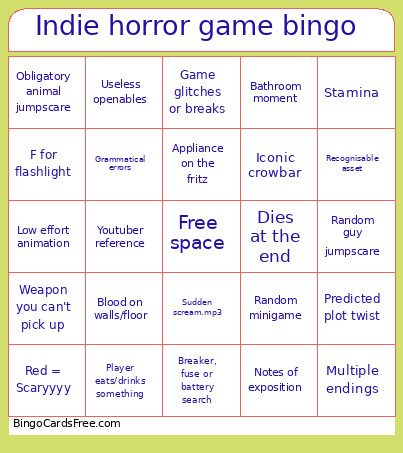 Indie Horror Game Bingo Card