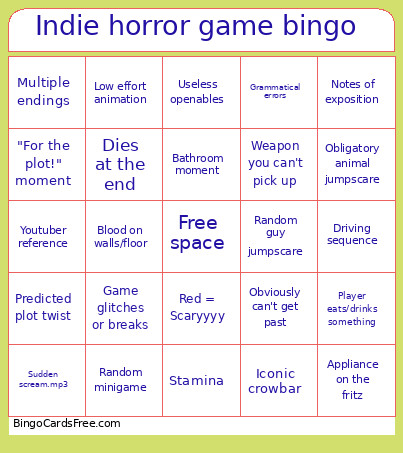 Indie Horror Game Bingo Card