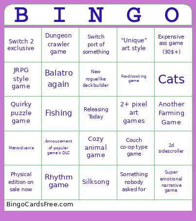 Indie World Bingo Card