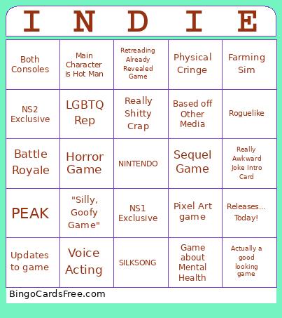Indie World Bingo Card