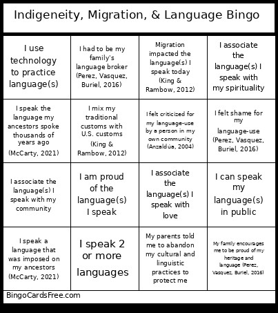 Indigeneity, Migration, & Language Bingo Card 2