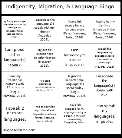 Indigeneity, Migration, & Language Bingo Card