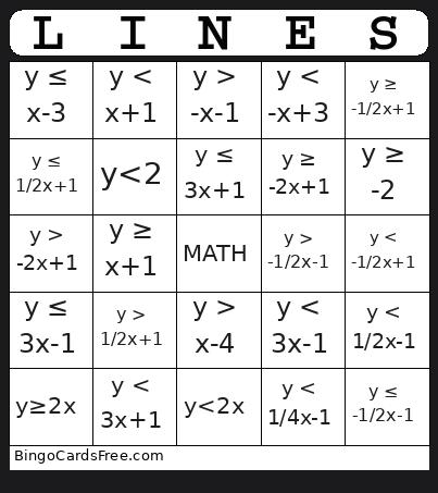 Inequalities Bingo Card