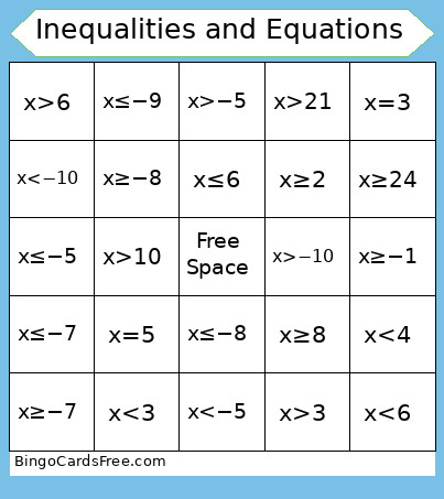 Inequalities And Equations Bingo Card